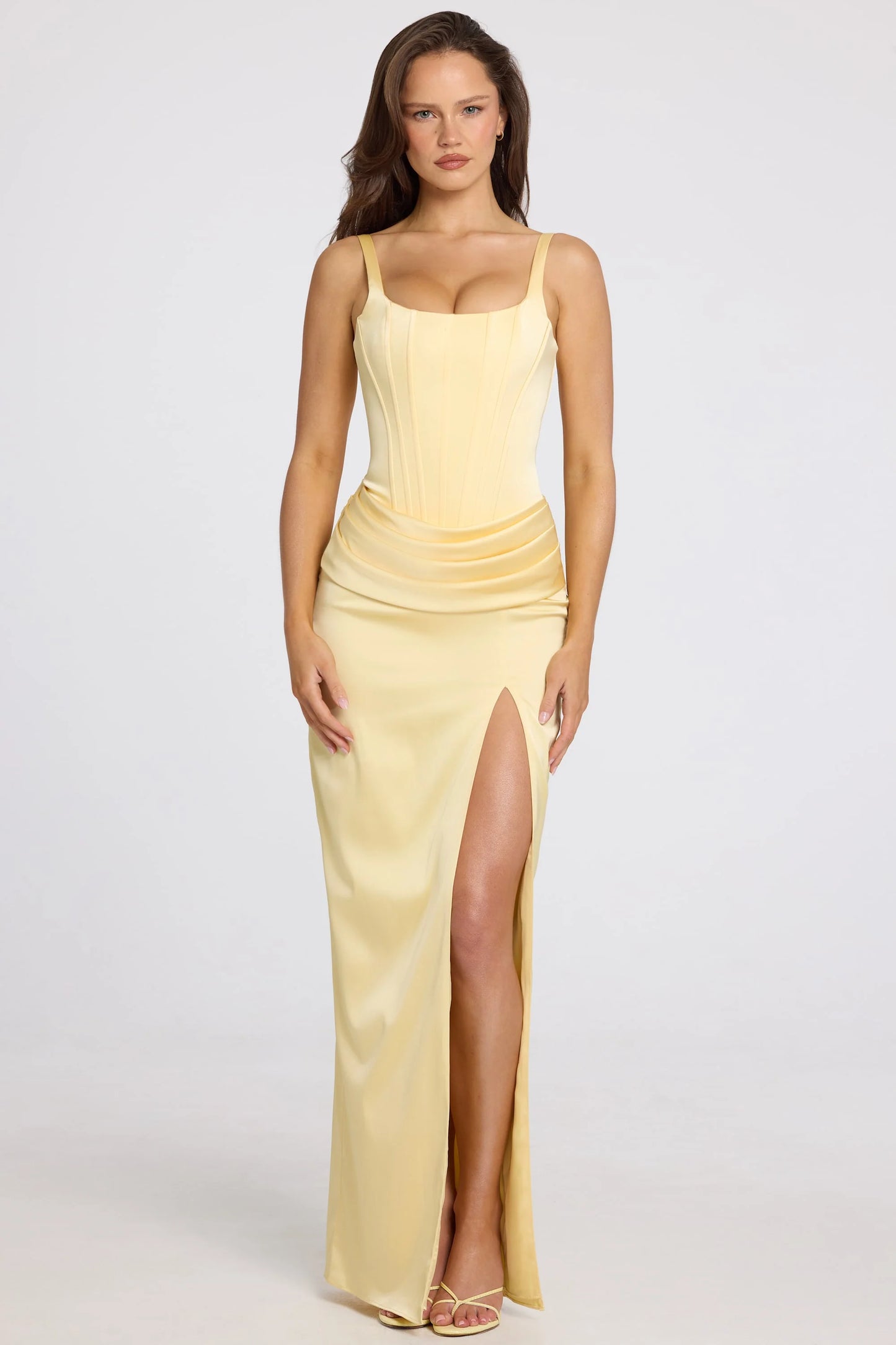 Corseted Thigh-High Split Maxi Dress in Butter Yellow