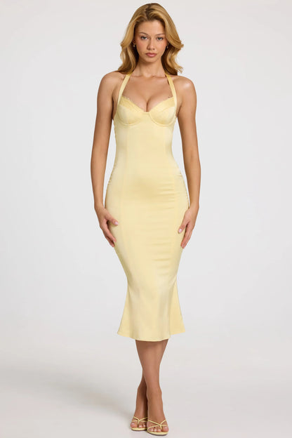 Satin Sweetheart Bustier Fishtail Midaxi Dress in Butter Yellow