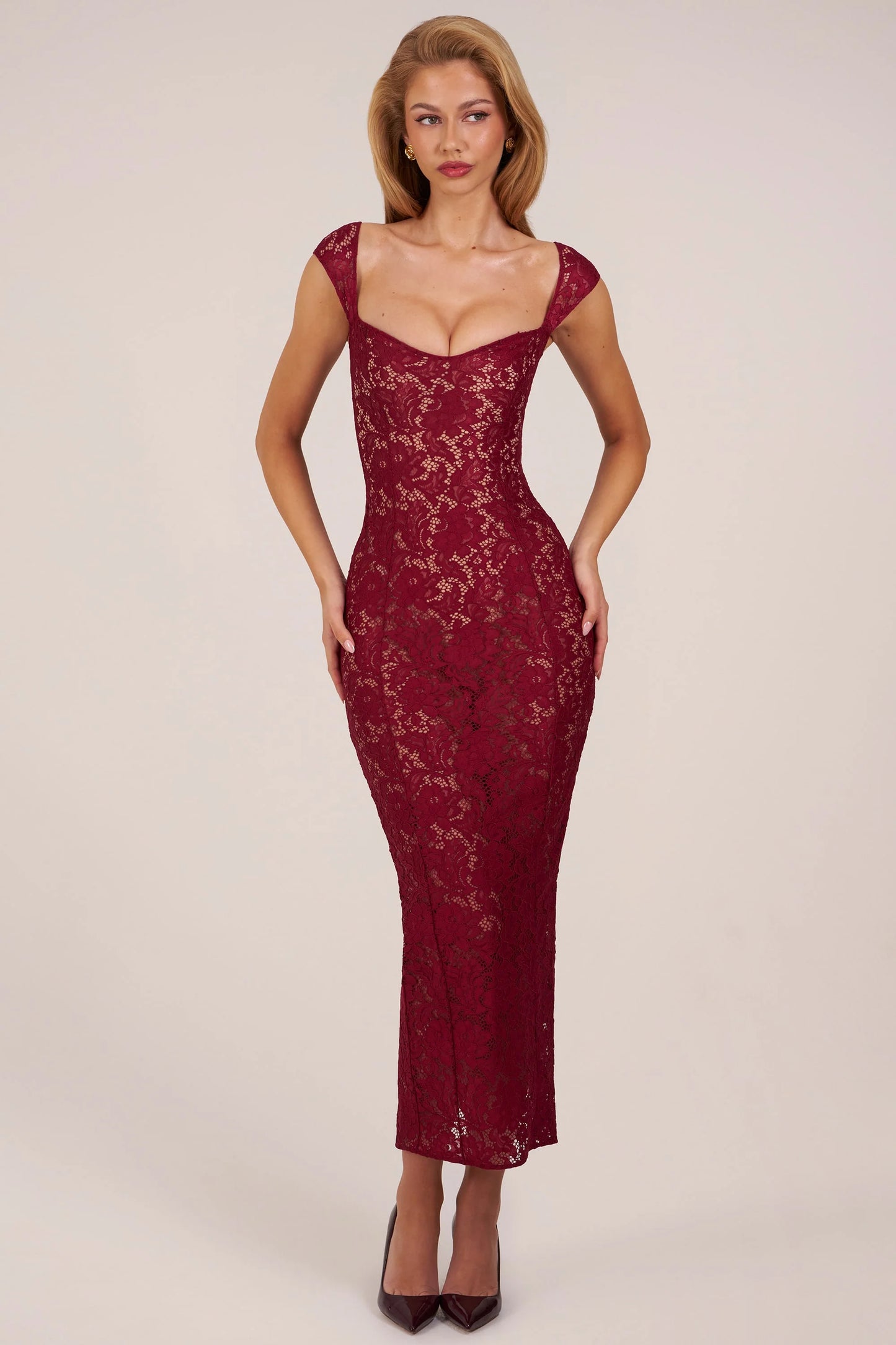 Sweetheart-Neck Maxi Dress in Wine