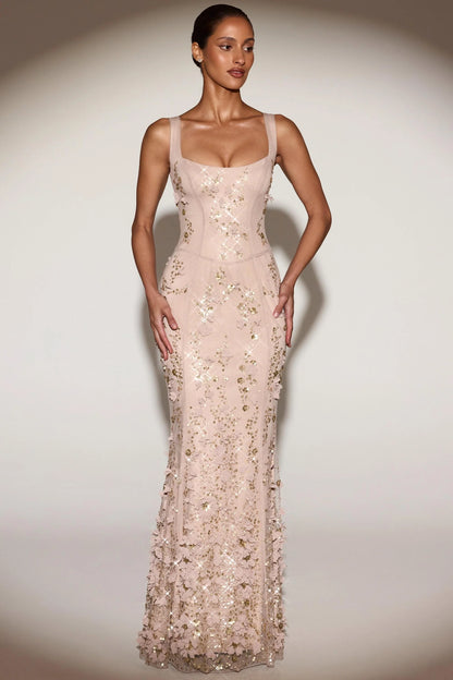 Embellished Appliqué Soft-Scoop Corset Gown in Gold