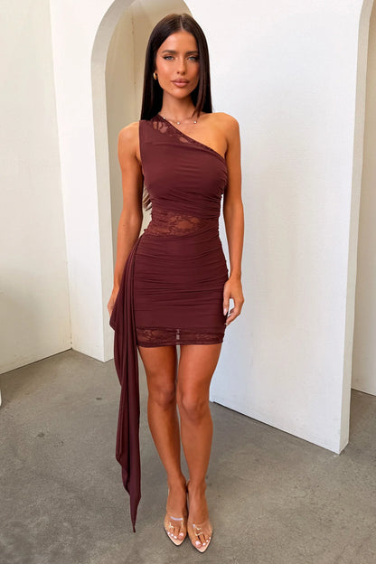Emika One Shoulder Mini Dress - Brown
