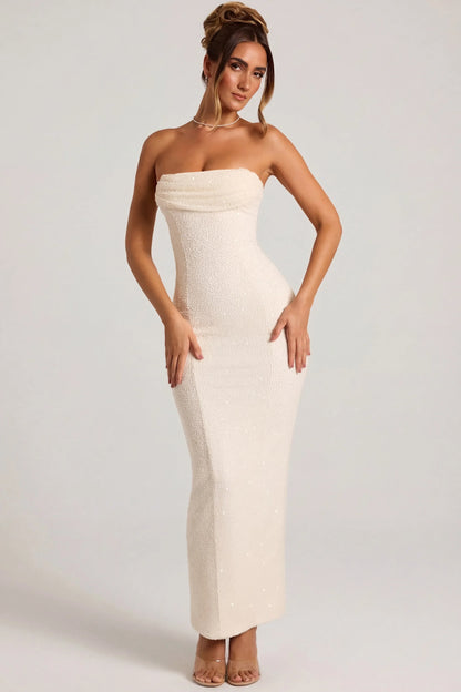 Embellished Bandeau Cowl Neck Maxi Dress in Snow
