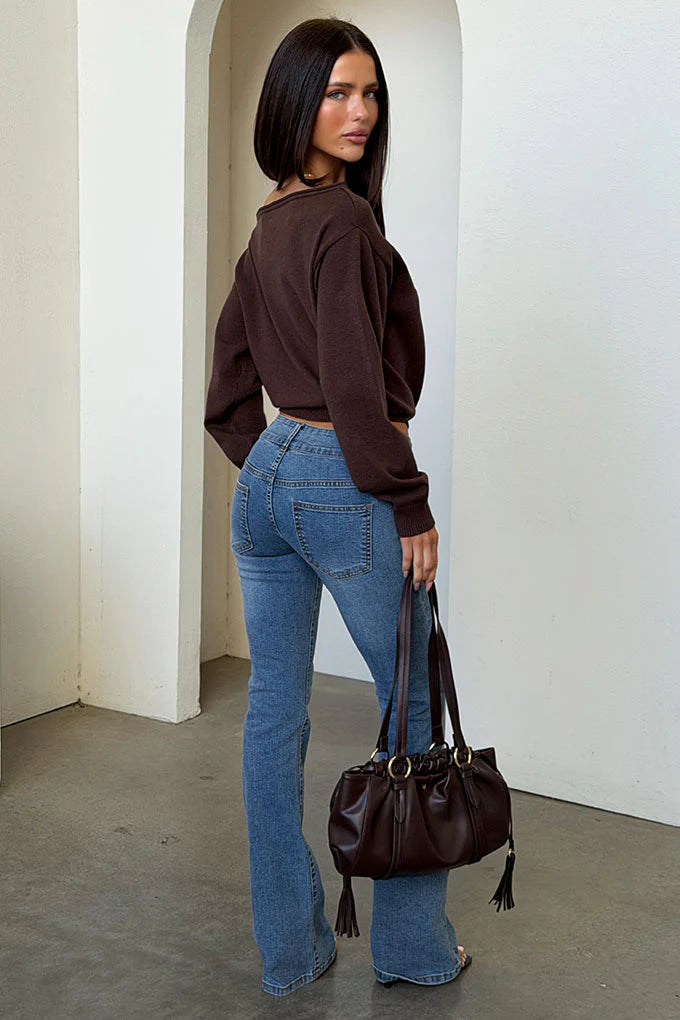 Tovah Off Shoulder Long Sleeve Knit - Brown