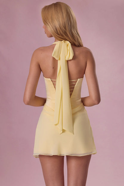 Satin Draped Mini Dress in Butter Yellow