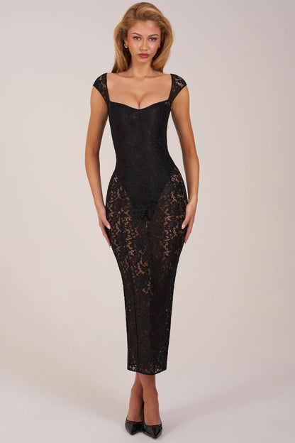 Sweetheart-Neck Maxi Dress in Black