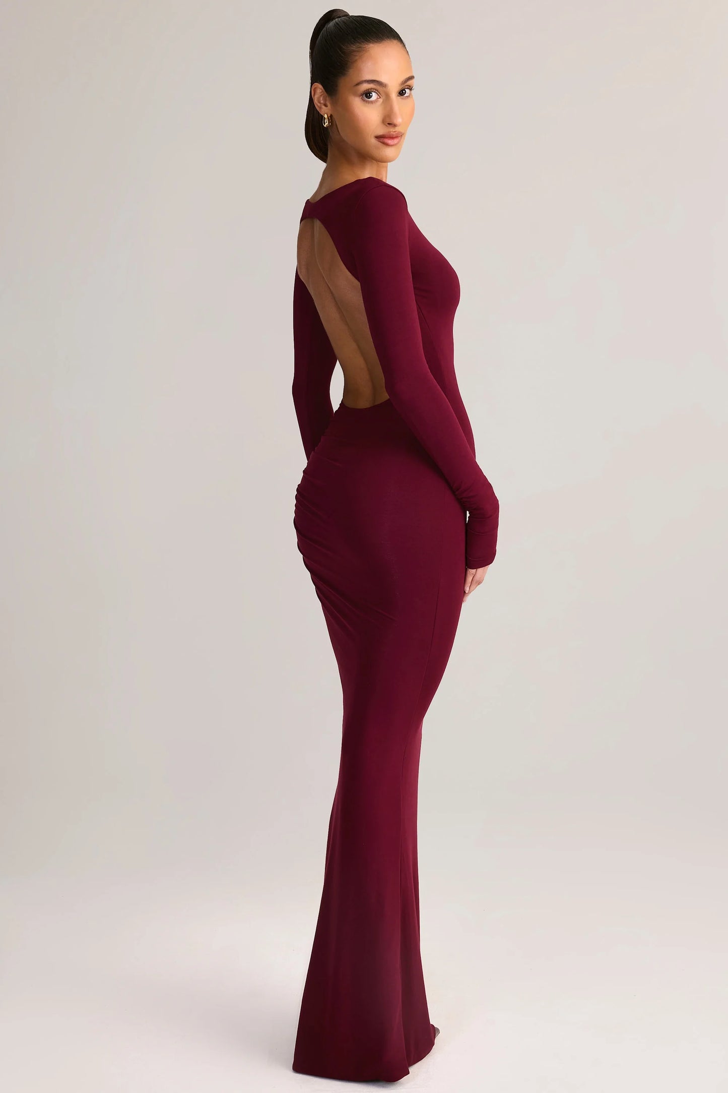 Modal Ruched Backless Maxi Dress in Wine