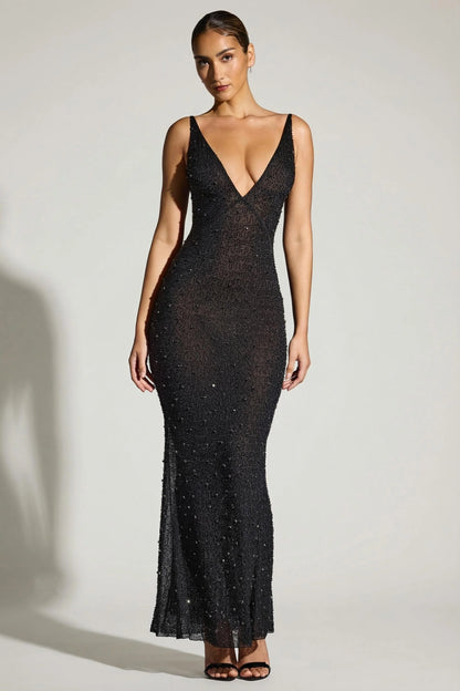 Embellished Plunge Neck Evening Gown in Black