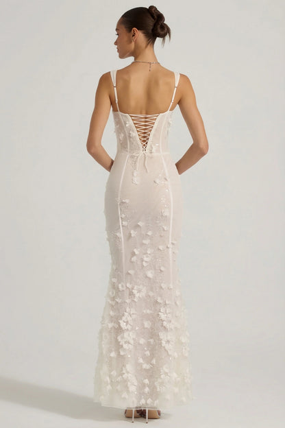 Embellished Appliqué Soft-Scoop Corset Gown in White