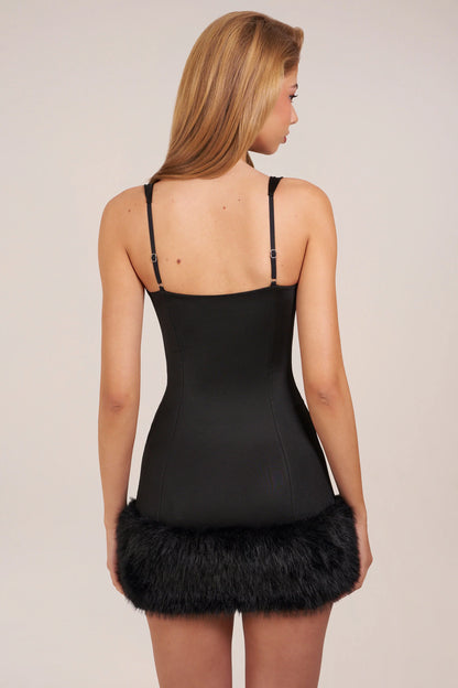 Satin Square-Neck Corset Faux-Fur Mini Dress in Black