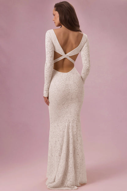 Lace Long-Sleeve Maxi Dress in Pearl