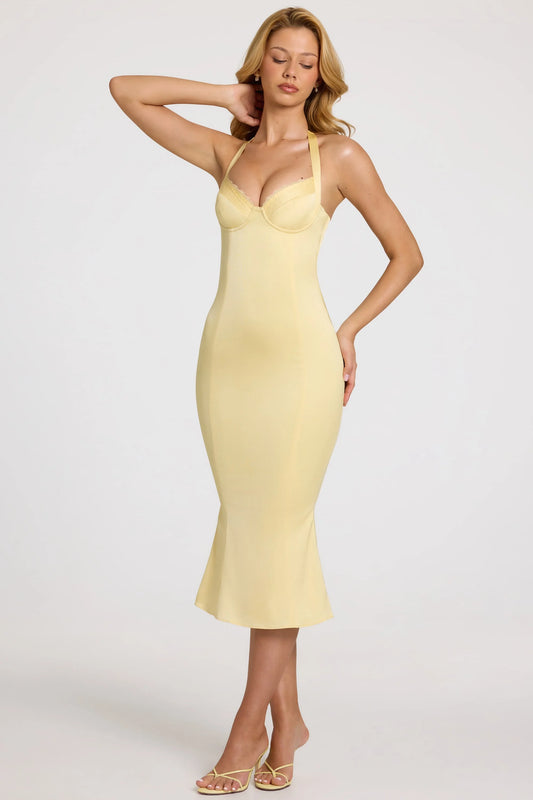 Satin Sweetheart Bustier Fishtail Midaxi Dress in Butter Yellow