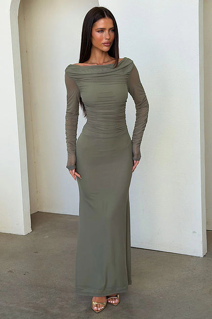 Rowan Long Sleeve Mesh Maxi Dress - Khaki