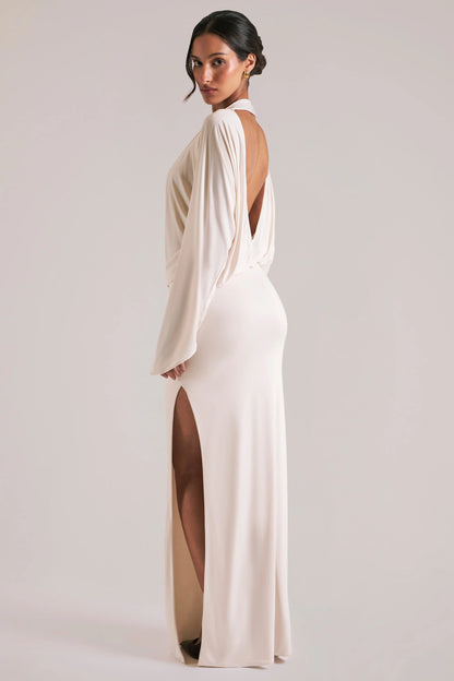 Long-Sleeve Draped Maxi Dress in Vanilla
