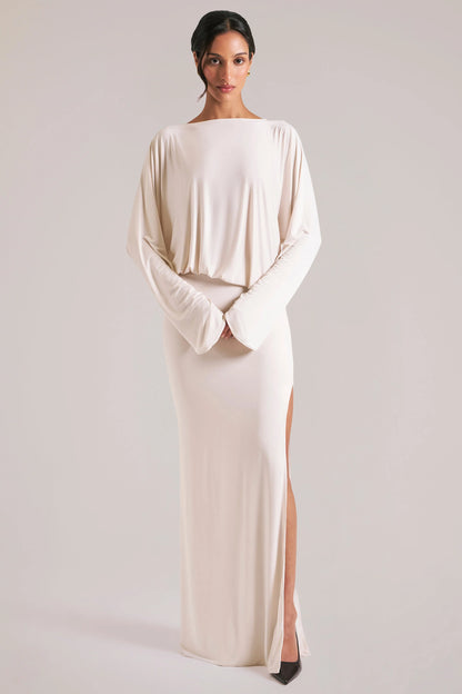 Long-Sleeve Draped Maxi Dress in Vanilla