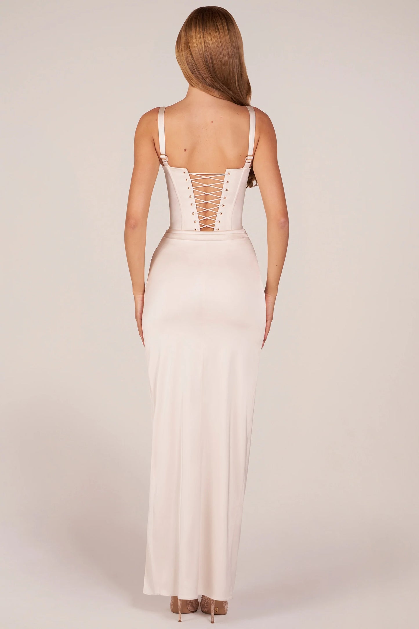 Corseted Thigh-High Split Maxi Dress in Pearl