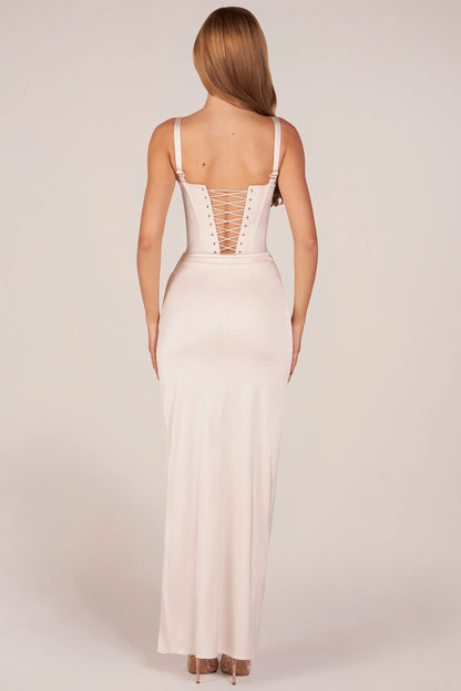 Corseted Thigh-High Split Maxi Dress in Pearl