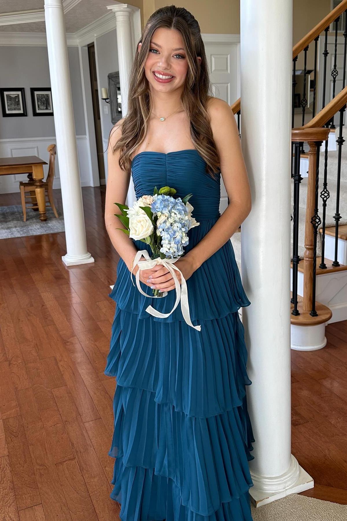Strapless Light Blue Pleated Tiered Long Party Dress