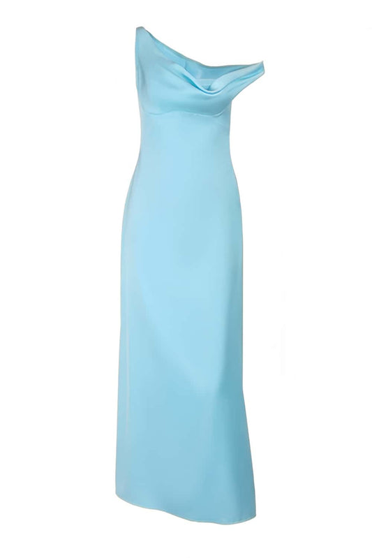 One Shoulder Aqua Satin Fitted Long Maxi Dress