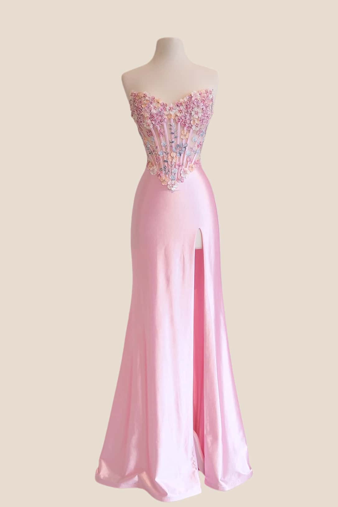 Robe de bal sirène en satin bleu avec fleurs 3D