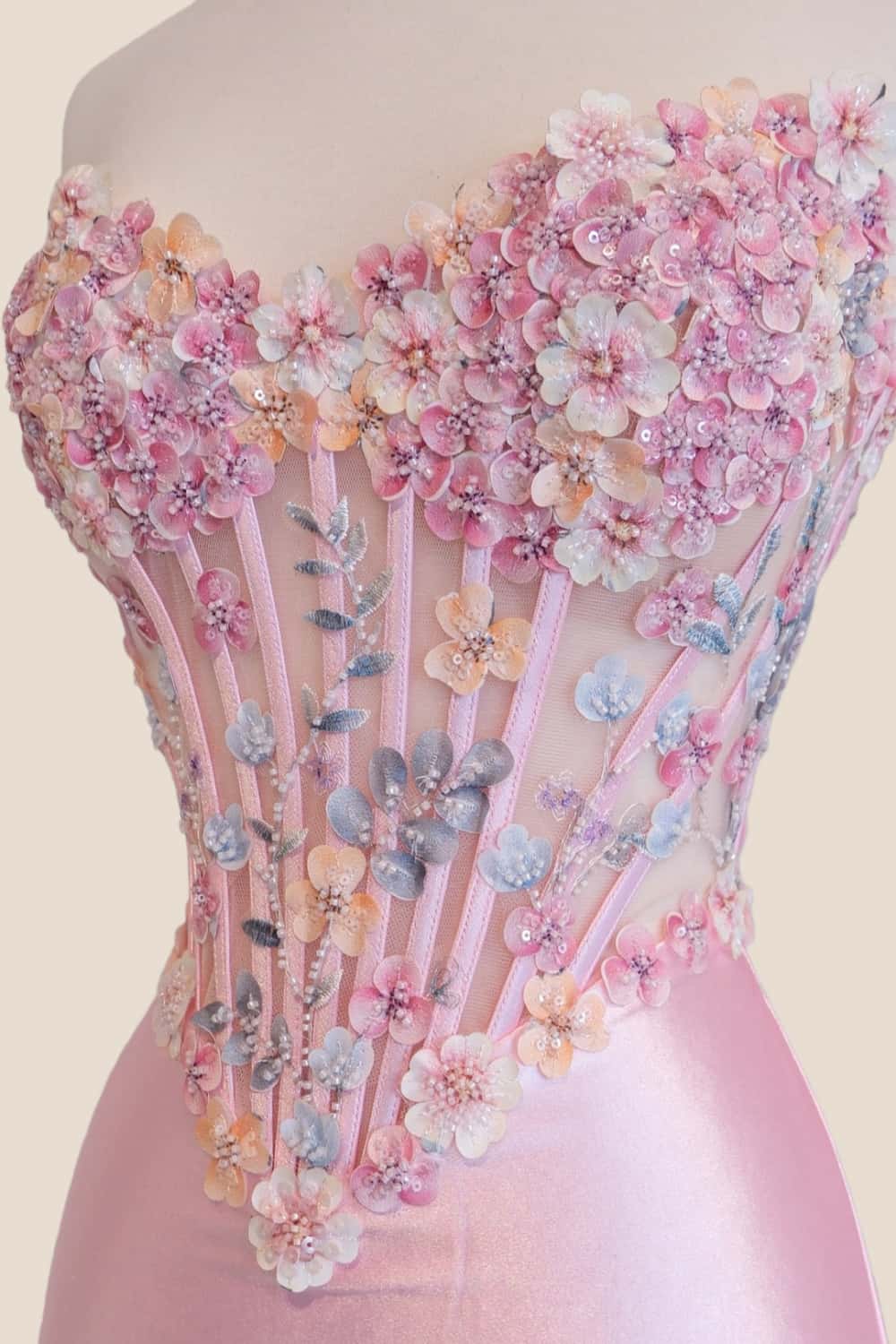 Robe de bal sirène en satin rose avec fleurs 3D