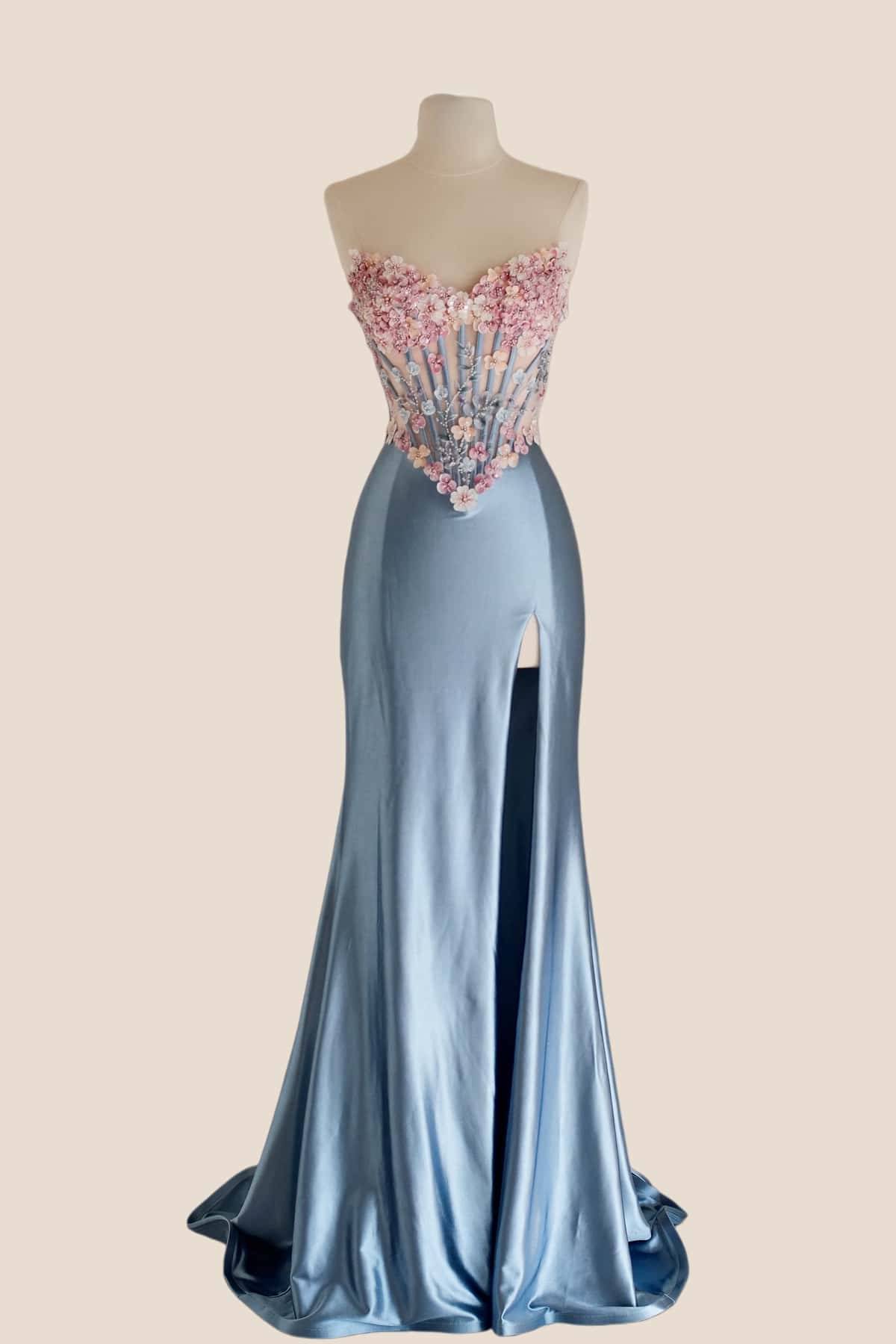 Robe de bal sirène en satin bleu avec fleurs 3D