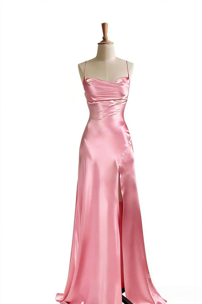 Simple Blue Satin Slit Long Formal Dress