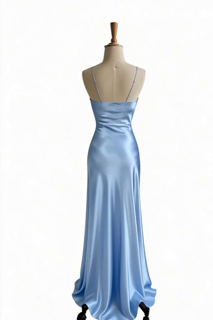 Simple Blue Satin Slit Long Formal Dress