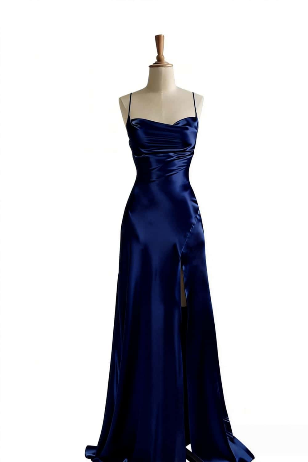 Simple Blue Satin Slit Long Formal Dress