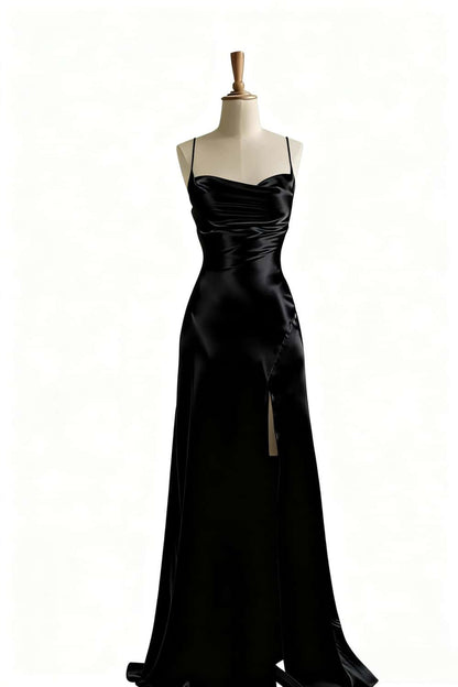Simple Blue Satin Slit Long Formal Dress