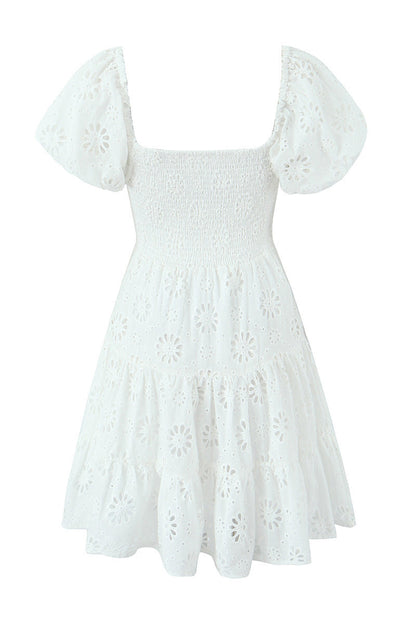 Puff Sleeves White Embroidery Cotton Short Dress