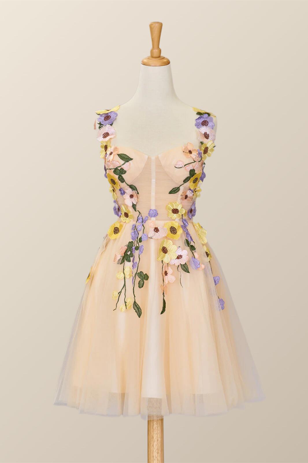 Robe courte en tulle champagne orné de fleurs 3D