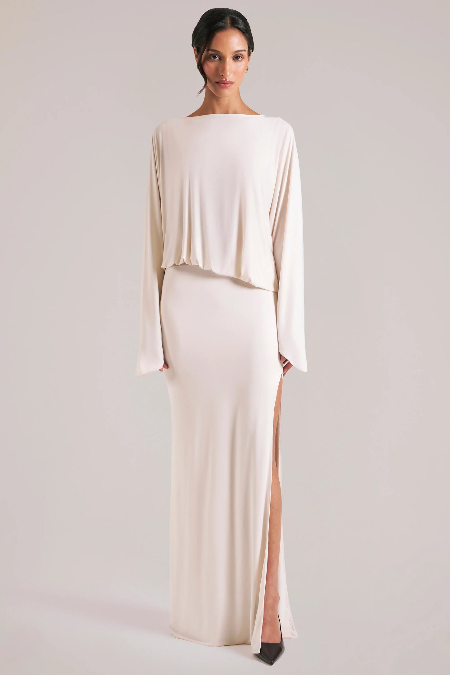 Long-Sleeve Draped Maxi Dress in Vanilla
