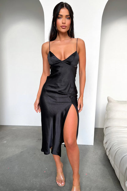 Jennifer Satin Midi Dress - Black