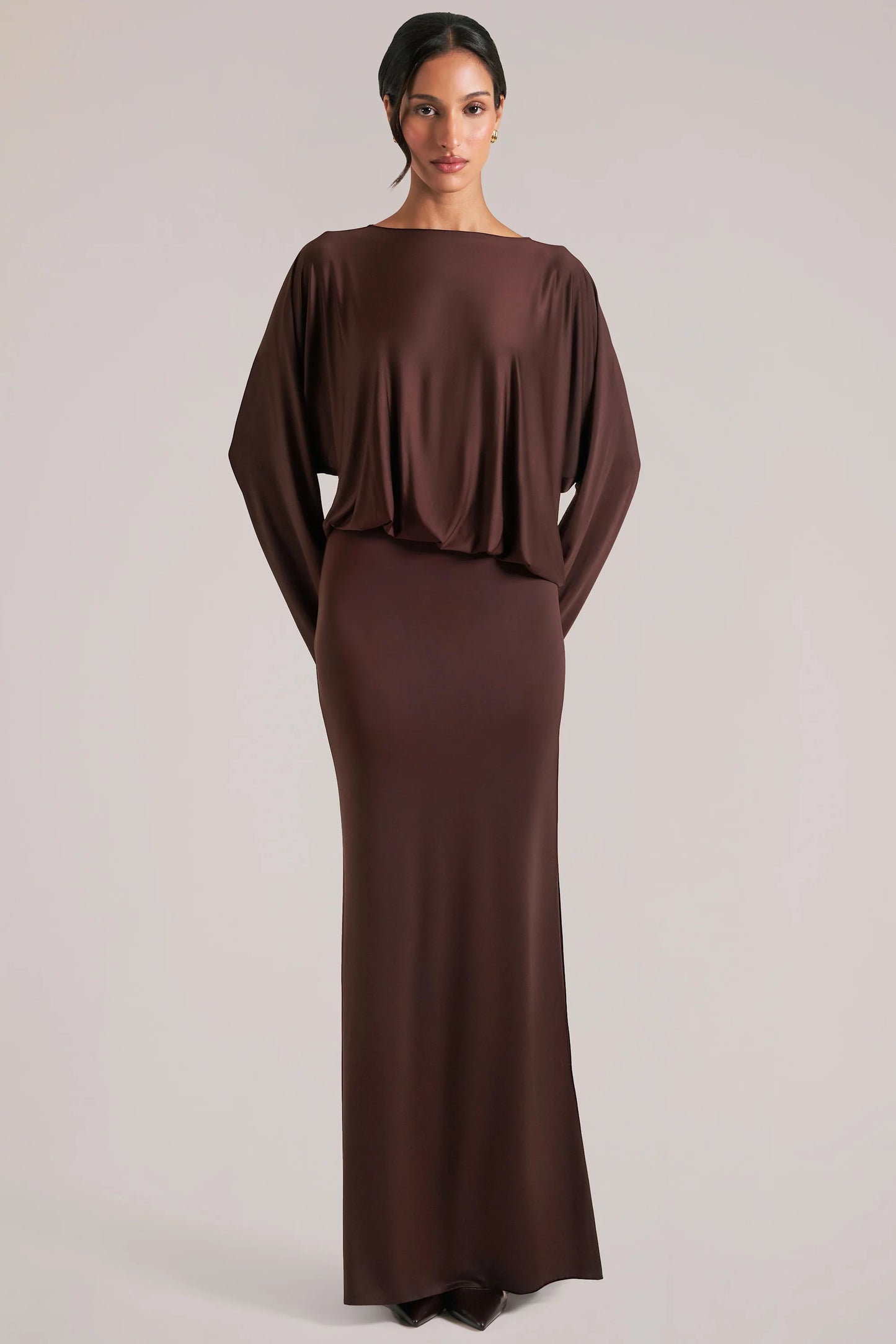 Long-Sleeve Draped Maxi Dress in Chocolate Brown