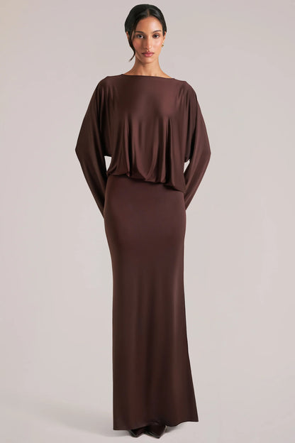 Long-Sleeve Draped Maxi Dress in Chocolate Brown
