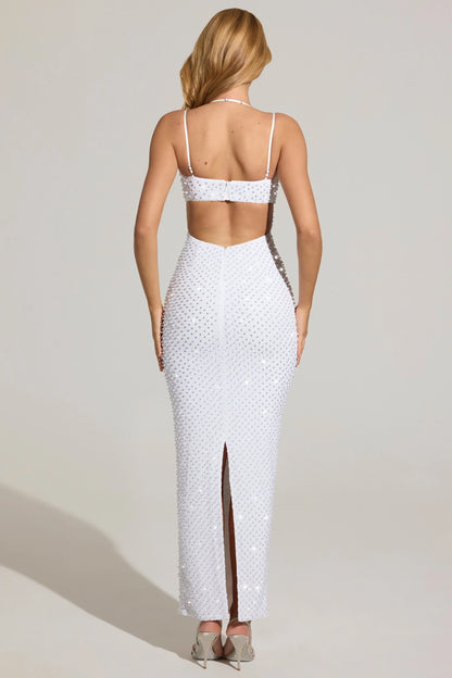 Embellished Cowl-Neck Maxi Dress in White
