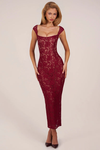 Sweetheart-Neck Maxi Dress in Wine