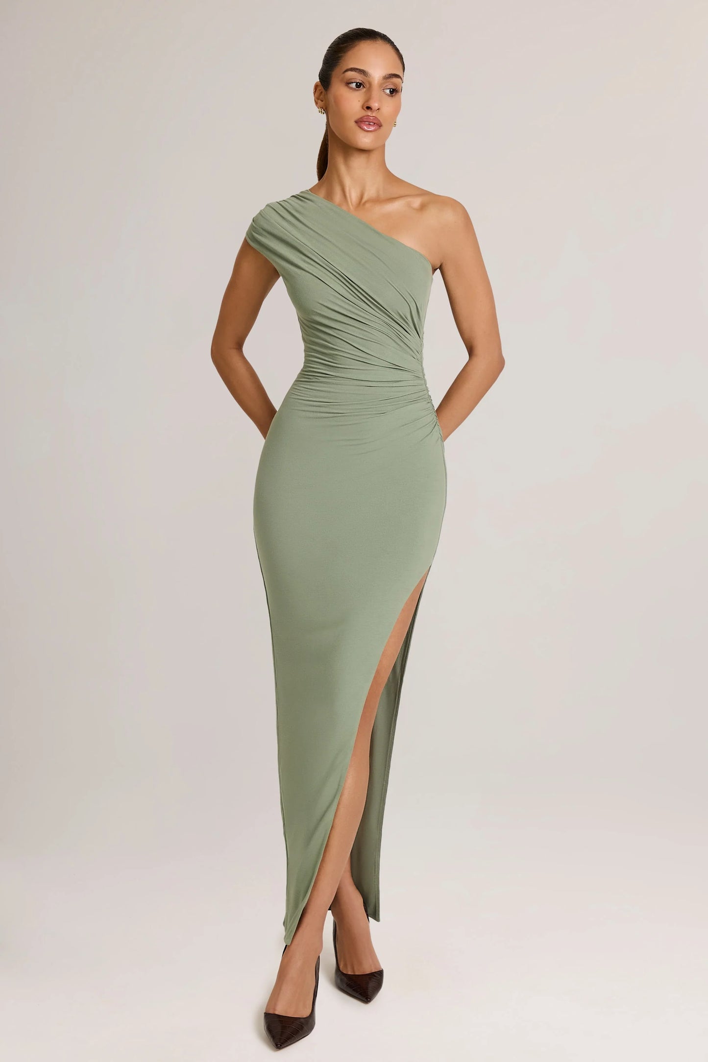 Modal Asymmetric Ruched Maxi Dress  in Sage Green