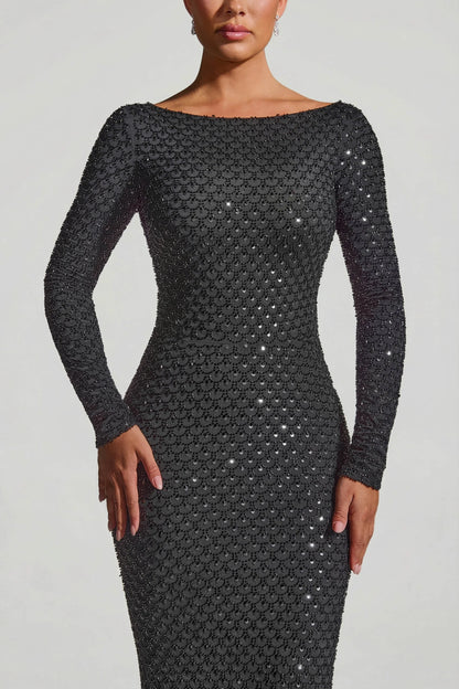 Embellished Open-Back Gown in Black