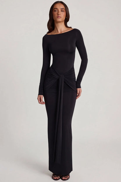 Soft Jersey Boat-Neck Tie-Gather Maxi Dress in Black