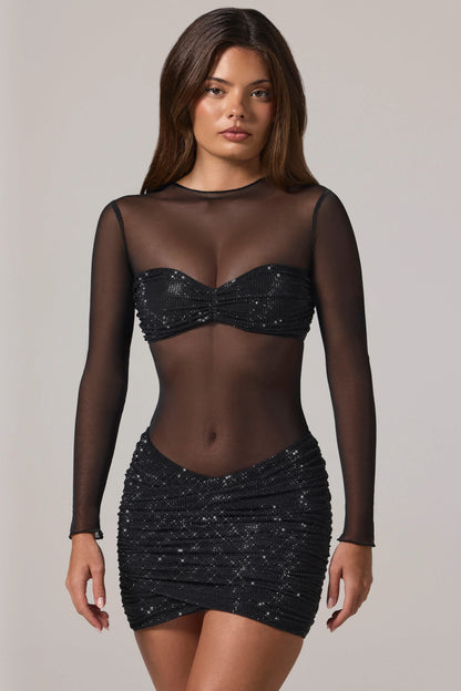 Sheer Embellished High-Neck Long Sleeve Mini Dress in Black