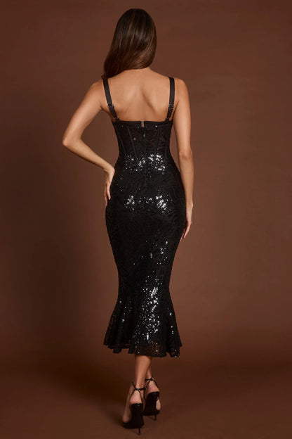 Embellished Peekaboo Corset Midaxi Dress in Black Zebra