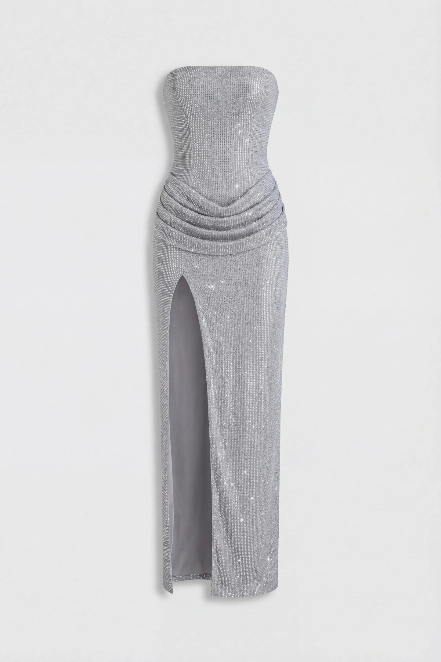 Embellished Bandeau Cowl-Waist Maxi Dress in Frost