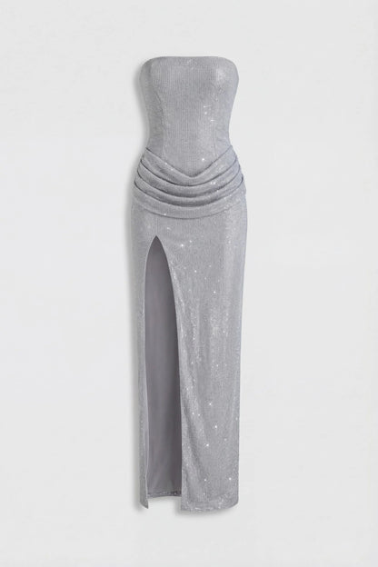 Embellished Bandeau Cowl-Waist Maxi Dress in Frost