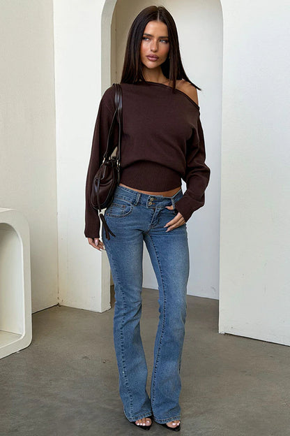 Tovah Off Shoulder Long Sleeve Knit - Brown