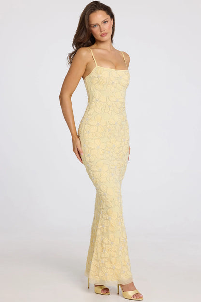 Embellished Square-Neck Maxi Dress in Butter Yellow