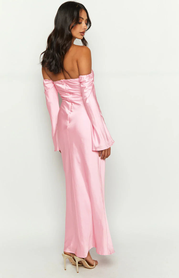Alita Baby Pink Off The Shoulder Long Sleeve Maxi Formal Dress