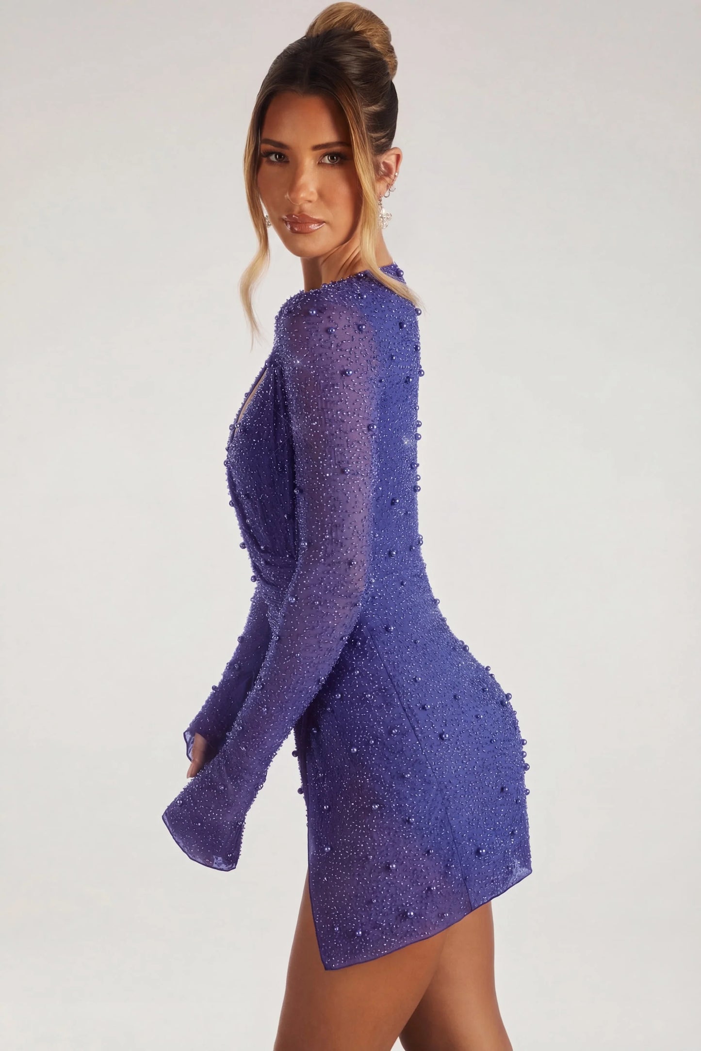 Embellished Wrap Over A-Line Mini Dress in Sapphire