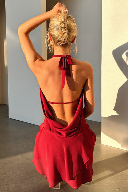 Cleo Plunge Cowl Neck Mini Dress - Burgundy