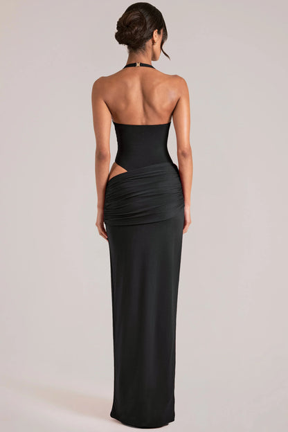 Deep Plunge Halterneck Maxi Dress in Black